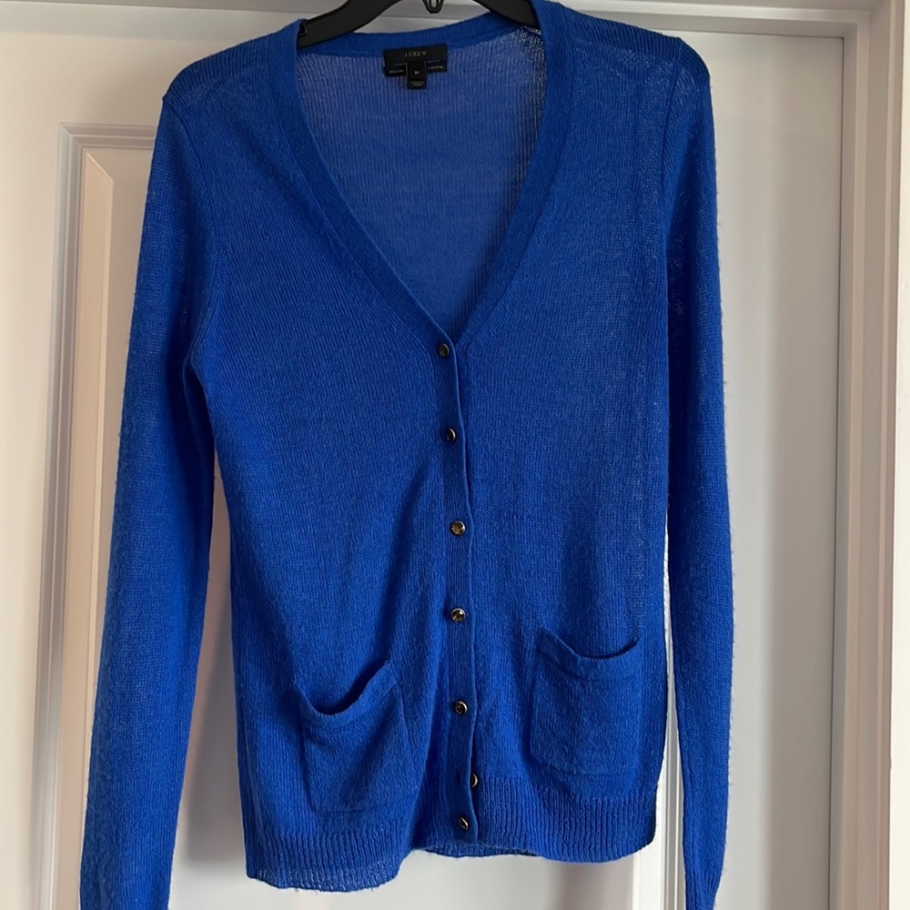J. Crew Blue Wool Cardigan with Jeweled Buttons